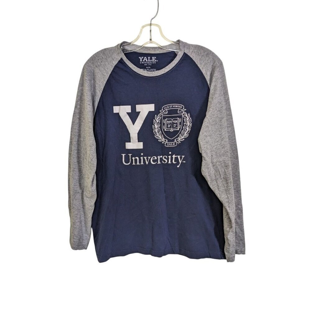 Yale University Mens XL Yale T Shirt Graphic Tee Raglan Sleeve Navy Blue Gray